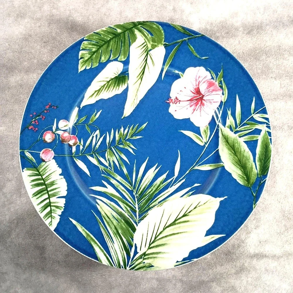 Vintage Mikasa Tropical Garden Blue Floral Salad Plates Pink Hibiscus Tropical‎